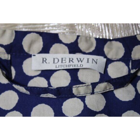 R DERWIN Litchfield Sz 40 S 4 Blue Beige Polka Dot Belted Shirt Dress - Picture 2 of 10
